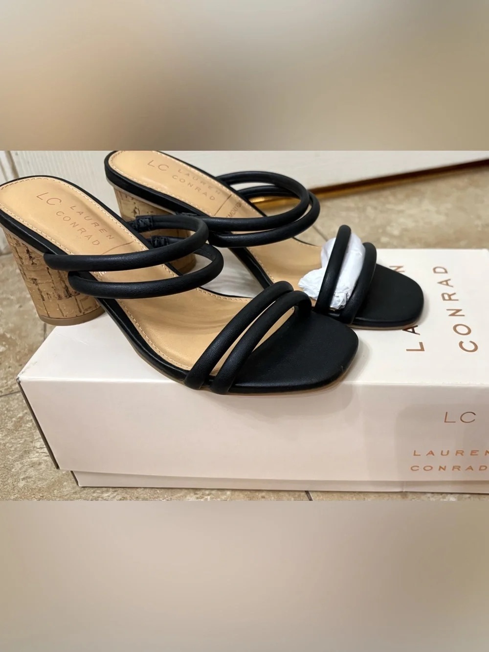 Black Cork Block Heel Strappy Sandal